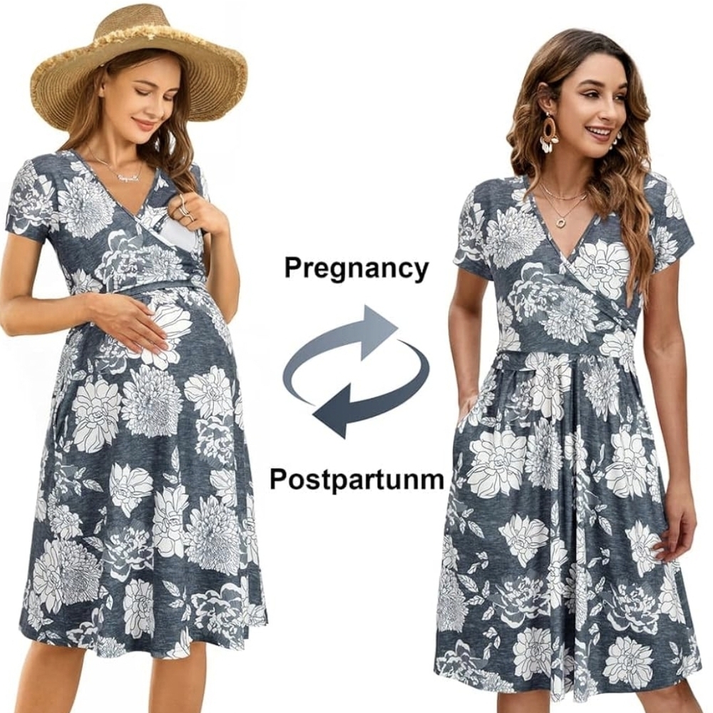 Floral Maternity Dress in Blue and White